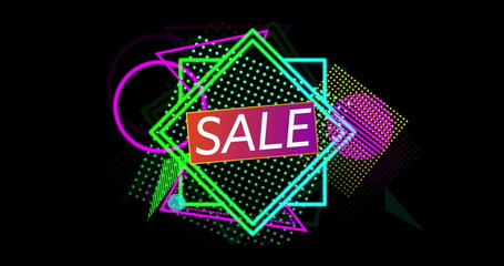 Retro Sale text in ribbon above neon shapes