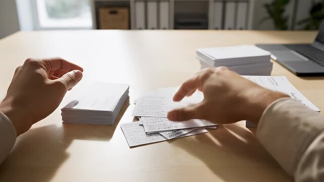 Video of hands arranging business cards on desk.