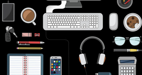 Image of social media text and icons with computer and office items on desk