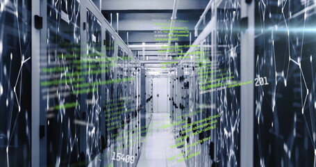 Image of computer language, changing numbers over connected dots on data server systems