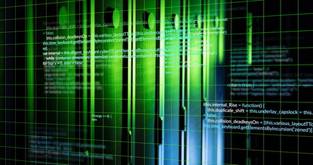 Image of grid pattern and multicolored computer language over data server systems