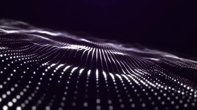 Digital wave of white dots on black background, radiating from center, creating a sense of depth and movement, possibly used for tech or data visualization