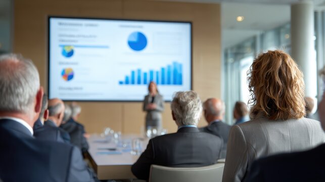Executive presenting to board members with screen displaying environmental impact metrics and reduction targets in business meeting room, corporate strategy and performance reporting.