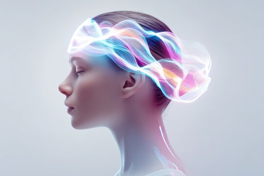 Transparent neural headset on human head showing brain activity waves with colorful EEG signals visualized futuristic medical device design, neurotechnology and brain interface innovation concept.