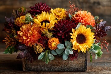 Obraz premium Seasonal autumn arrangement with sunflowers dahlias and burgundy foliage in rustic wooden box, harvest floristry and farm to table natural decoration centerpiece for fall celebration.