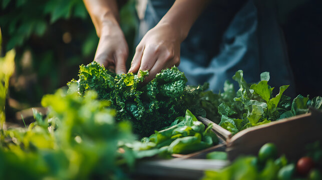 Close-up of farmer hands harvesting fresh organic kale and green vegetables in a garden. Healthy food concept.
