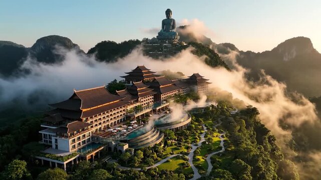 Majestic resort with Buddha statue in misty mountains at sunrise