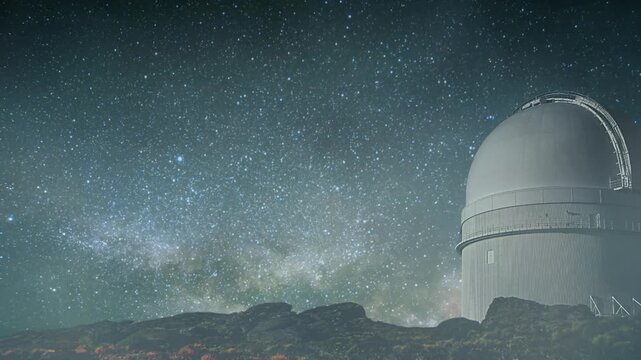Timelapse of an astronomical observatory under The Night Sky With Milky way.