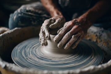 Fototapeta premium Hands molding wet clay on pottery wheel showing texture and focused concentration in ceramic studio setting, creative therapeutic activity for occupational therapy and artistic healing wellness.