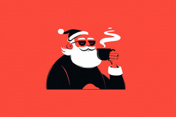 Modern Santa Claus Character Drinking Coffee on Red Background