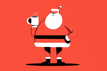 Modern Santa Claus Character Drinking Coffee on Red Background