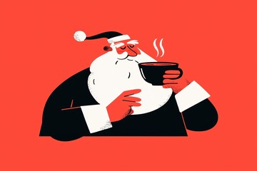 Modern Santa Claus Character Drinking Coffee on Red Background