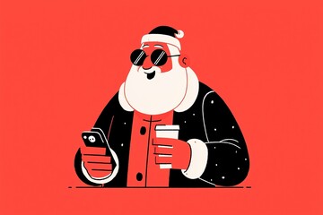 Modern Santa Claus Character Drinking Coffee on Red Background