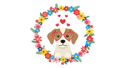 Naklejka premium Sweet brown and white puppy wearing red heart-shaped sunglasses is framed by a colorful spring flower wreath with green leaves and small buds.