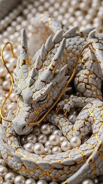 Elegant White Dragon Sculpture Adorned with Gold and Pearls.