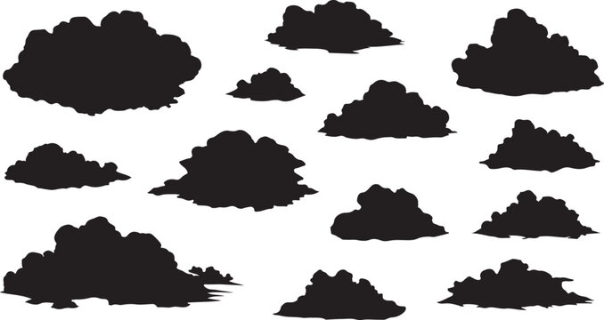 Collection of black cloud silhouettes on white background