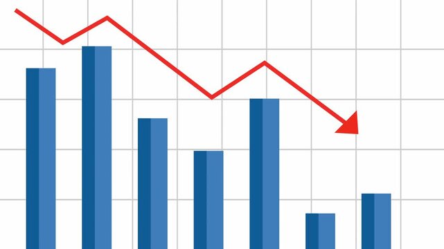 Financial bar chart and downward red arrow showing economic recession and market decline on a grid background