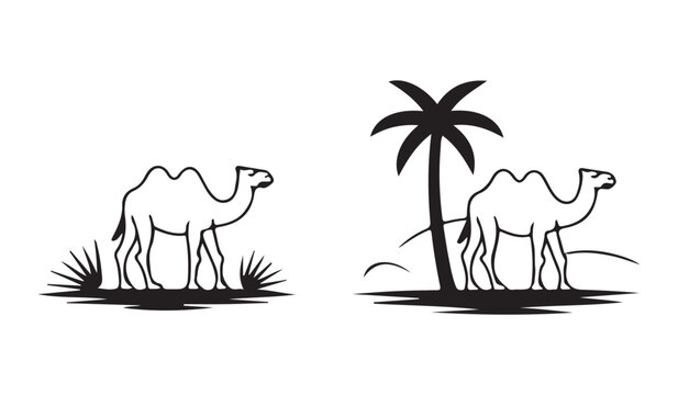 Black silhouettes of two camels standing in a desert landscape with a tall palm tree and sand dunes