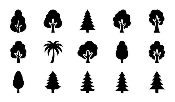 Collection of minimalist tree icons and forest nature symbols featuring pine spruce and deciduous 