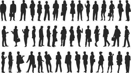 Business people silhouettes standing, talking, walking, professional men and women, office team, corporate communication, teamwork, leadership, formal dress vector illustration