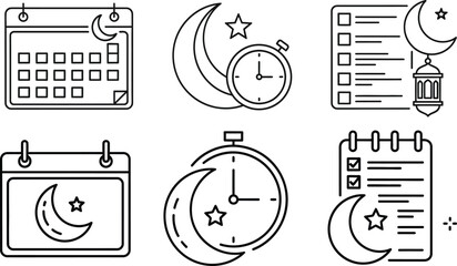Obraz premium Set of icons representing calendar, stopwatch, and checklist with crescent moon and lantern elements, ideal for time management and scheduling themes