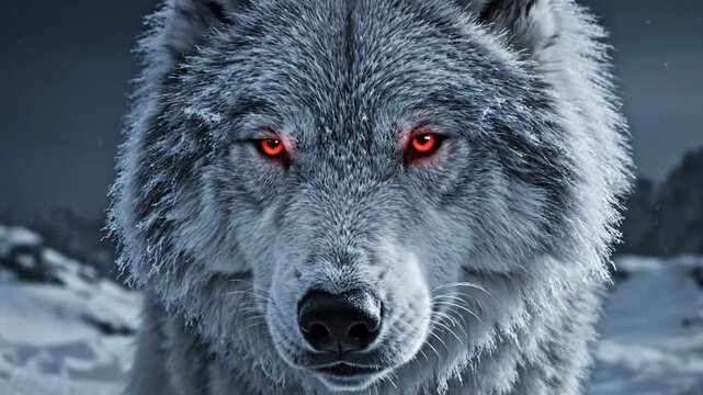 White wolf with glowing red eyes in snowy winter landscape