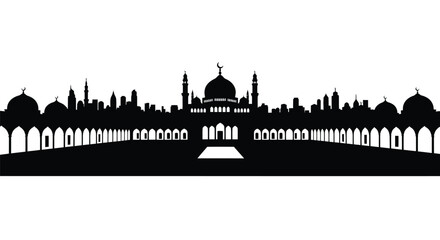 Islamic mosque architecture silhouette with domes and minarets on white background © Tanjina Stock