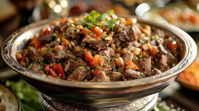 Close up of a traditional Middle Eastern meat stew with beans, diced red bell pepper, and fresh parsley in a silver serving bowl.