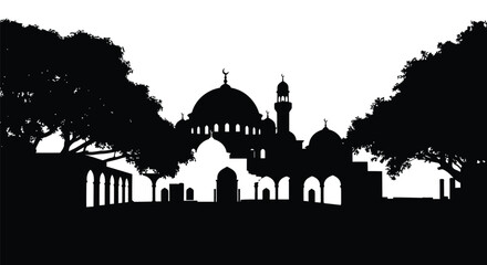 Silhouette of mosque with domes and minaret at dusk with trees © Tanjina Stock