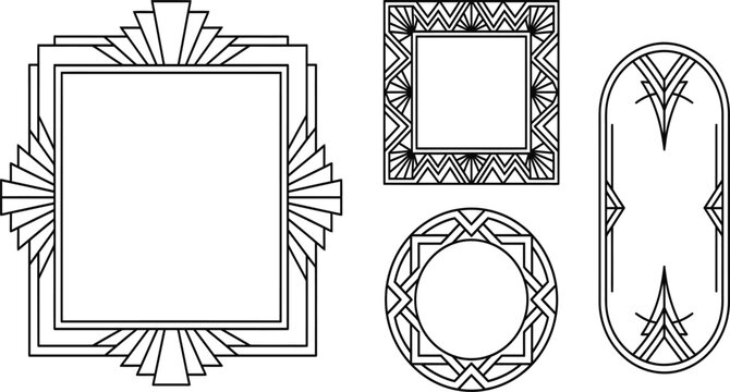 Art Deco frames collection with geometric line art, vintage border designs, elegant 1920s style, luxury black and white decorative frames, graphic patterns.