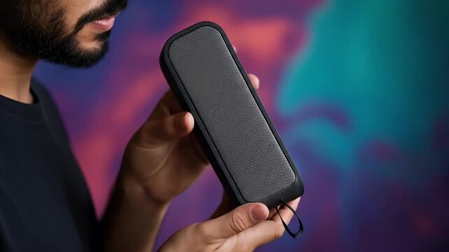 Man Holding Bluetooth Speaker in Studio Setting.