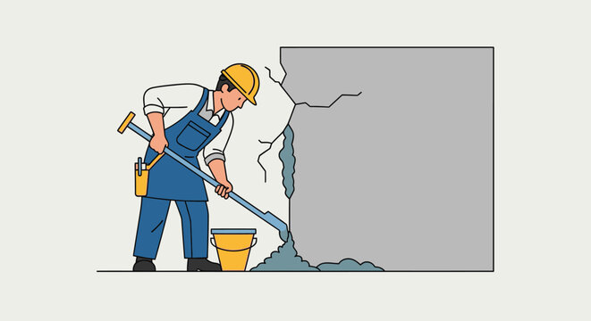 Construction worker repairing wall cracks with tools in simple cartoon style