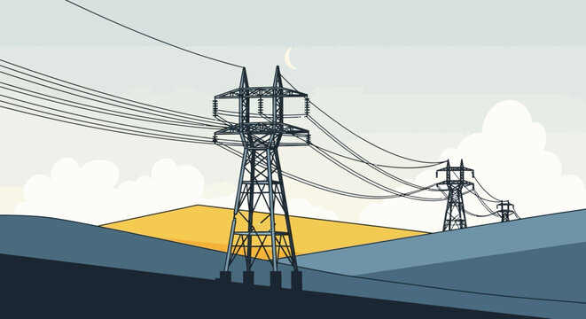 Scenic power lines silhouette over rolling hills at sunrise