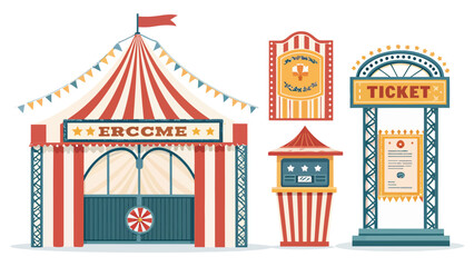 Obraz premium Vibrant circus entrance with ticket booths and colorful signs on white background for festive event promotions