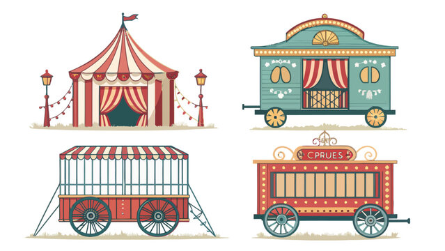 Vintage circus wagon and transport vector collection with tent and carriages in red white and blue colors for illustrations