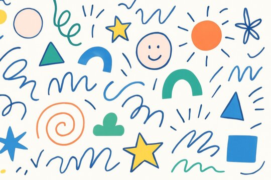 Colorful abstract doodle pattern with smiling face, stars, spirals, and geometric shapes on a white background in playful creative style. Ai generative