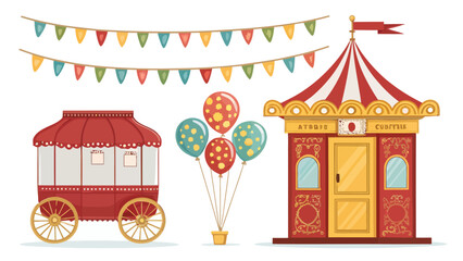 Obraz premium Vibrant circus ticket booth colorful balloons and festive banner on white background for party decoration
