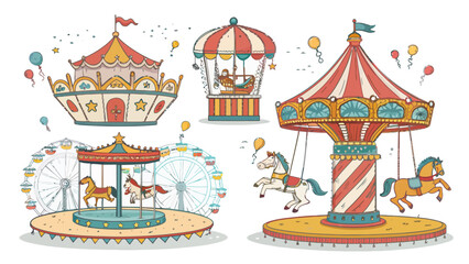 Obraz premium Colorful carousel horses and merry go round rides spinning with balloons