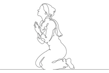 Obraz premium Continuous single line drawing woman praying. Beautiful woman praying on her knees. Faith. Religion. Linear.One continuous line isolated minimalist illustration. Not AI.