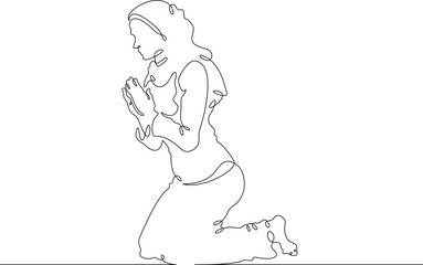Continuous single line drawing woman praying. Beautiful woman praying on her knees. Faith. Religion. Linear.One continuous line isolated minimalist illustration. Not AI.