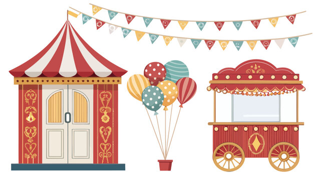 Vibrant circus fair vector set with ticket booth colorful balloons and snack cart under festive bunting