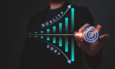 Business strategy concept showing quality improvement and cost reduction with rising bar chart and target icon represent performance optimization, efficiency, KPI achievement and smart decision making