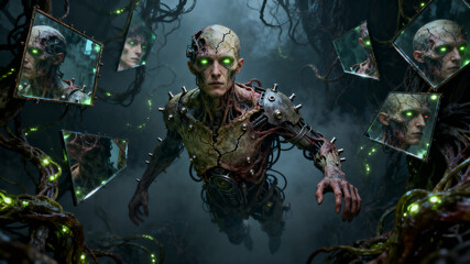 Fototapeta premium Eerie Cybernetic Humanoid with Glowing Green Eyes Floating Among Broken Mirror Shards