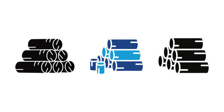 Collection of stylized vector icons representing stacks of logs and pipes in different color variations