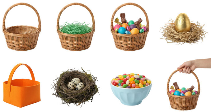 set of an easter basket and nest in different forms, empty and filled with eggs isolated on a transparent background