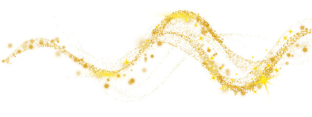 Obraz na płótnie Canvas Gold glitter wave background with sparkling golden swoosh trail. Shimmering star particles and sequins create flowing light effects. Vector abstract pattern for celebration templates.