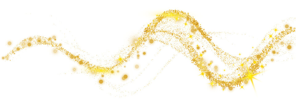 Gold glitter wave background with sparkling golden swoosh trail. Shimmering star particles and sequins create flowing light effects. Vector abstract pattern for celebration templates.