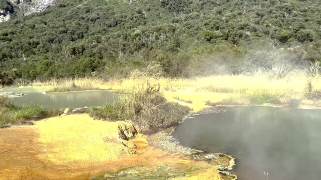 Steaming hot pools and springs, high mountain surroundings, Copland Track, New Zealand