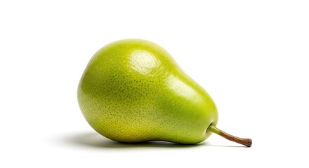 A single, perfectly ripe and vibrant green pear rests gracefully on a pure white background, showcasing its fresh, healthy appeal and smooth, unblemished skin