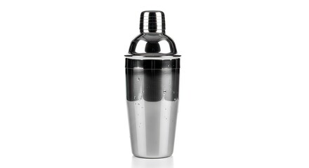 Sleek stainless steel cocktail shaker for expertly crafting refreshing beverages, isolated on a clean white background, essential barware for mixology